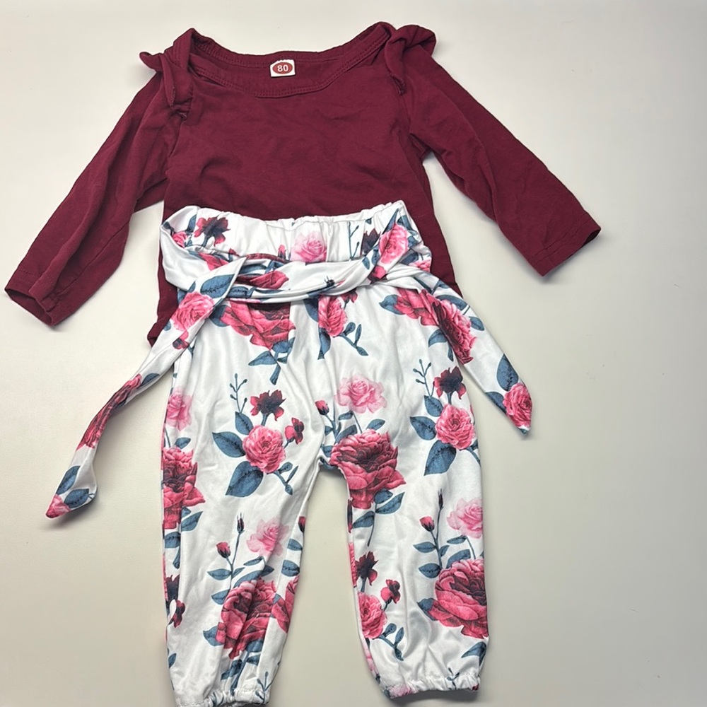 Burgundy Top and Floral Pants Set- 3-6 Month